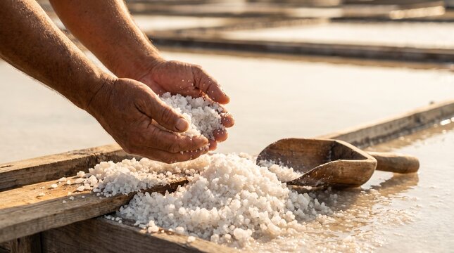 Worker scooping sea salt crystals