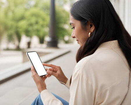 Young professional woman in beige coat checks smartphone while walking outdoors in city park
