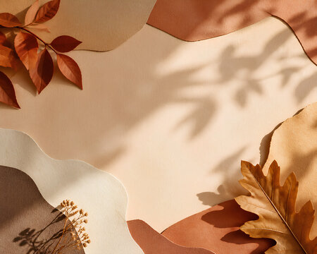 Autumn leaves scattered on neutral linen fabric background with soft natural light texture