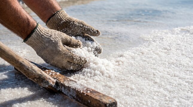 Salt worker gathering sea salt