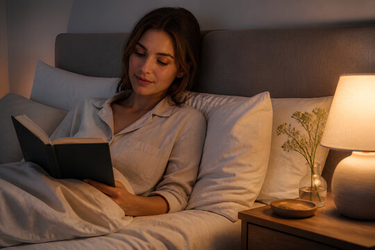 Young woman relaxing in bed reading ebook on laptop with warm bedside lamp lighting