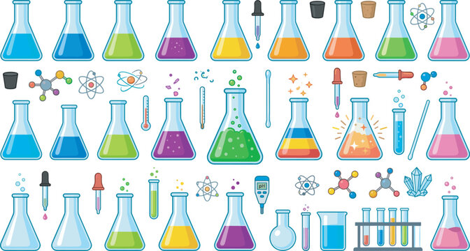 Science laboratory conical flask vector icon set featuring colorful chemical solutions atom models thermometers droppers test tubes and biotechnology research equipment