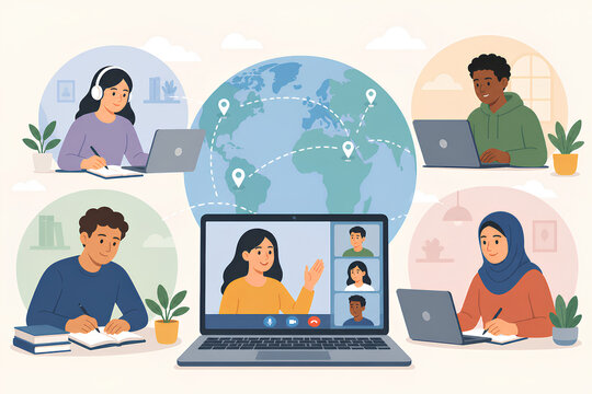 Diverse professionals in video conference call on laptop with global team collaboration concept