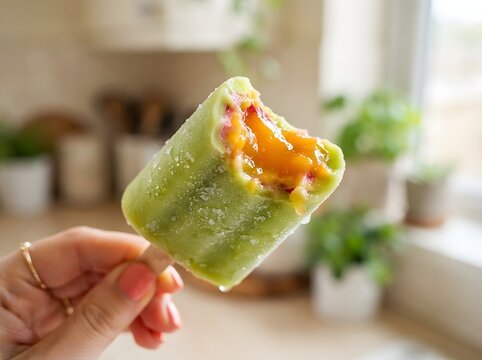Bitten green fruit popsicle with yellow mango filling held in hand