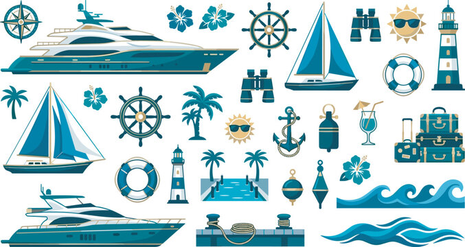 Luxury yacht and nautical sailing vector icon set featuring cruise boats sailboats lighthouses ship wheels anchors sea waves dock piers and tropical beach vacation elements
