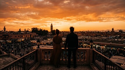 Obraz premium A couple stands on a balcony overlooking the bustling Medina of Marrakech during stunning sunset. Concept: Travel, exploration, romance, cultural tourism, perfect for travel promotions. Generative AI.