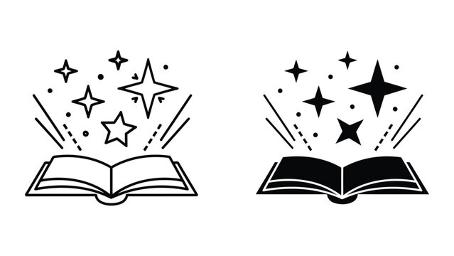 Open book with magic sparkles and glowing light beams vector icon set on white background