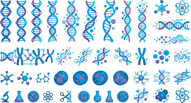 DNA helix strand and abstract molecule vector icon set featuring genetic structures human chromosomes biotechnology cells microscopes and scientific laboratory research elements