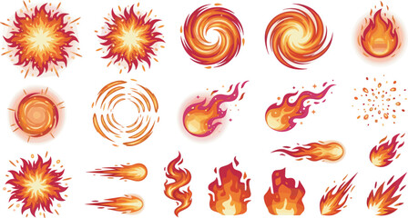 Cartoon fire explosion and burning flame vector icon set featuring fiery comets hot meteorites glowing blast sparks swirls and arcade game combat special effects © Sarmin