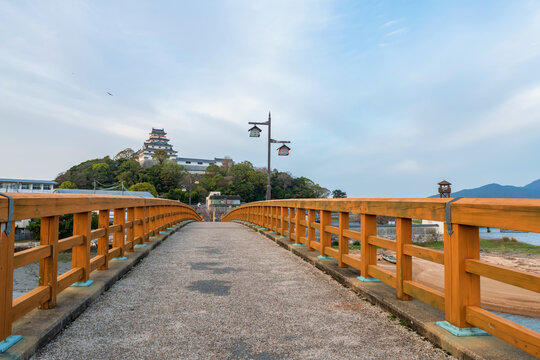Iconic Jyounai bridge to Karatsu castle in city against blue sky, Saga