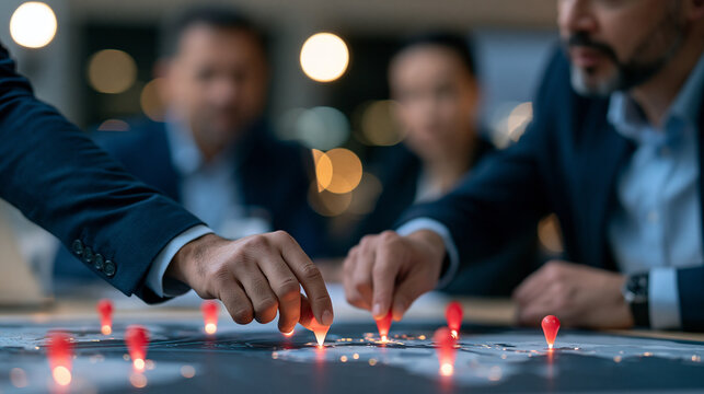 close-up of hands placing strategic markers on a large tactical map during a global arms race concept meeting, blurred military analysts from competing fictional nations in the bac