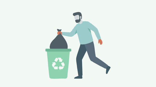 Illustration of man putting garbage bag into a green recycling bin