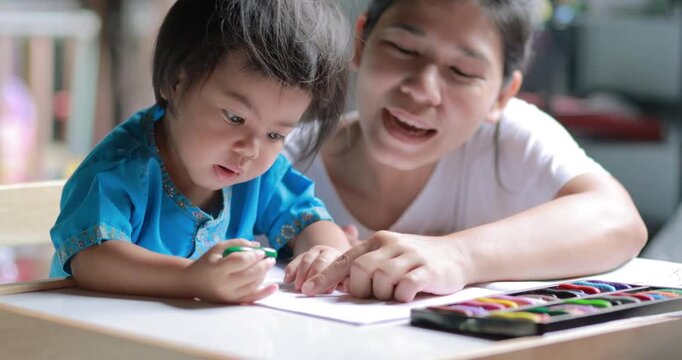 Mother helping her young daughter color and draw on paper, early childhood learning, creativity, education, parenting, family bonding, and happy time together