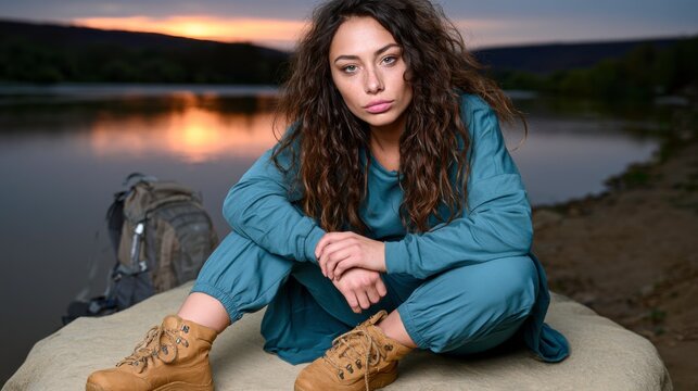 Young woman dressed for the outdoors relaxing by a tranquil lake during sunset appreciating the beauty of nature