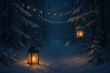 Fototapeta premium Enchanted winter forest lanterns glow.