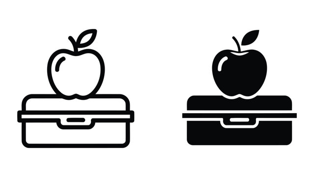 Fresh apple resting on a closed lunch box vector icon set for school
