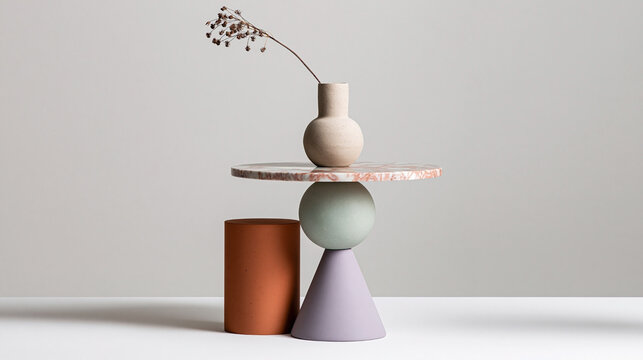 Modern decorative table arrangement featuring a stacked geometric design with a vase and dried flowers on a minimalist background