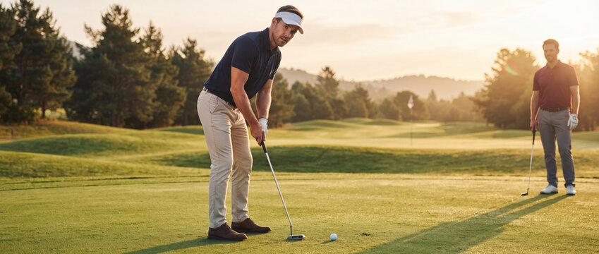 Golfer putting on the green during a sunny afternoon match, aiming carefully at the ball with a putter on lush grass for luxury sports, recreation, and country club advertising