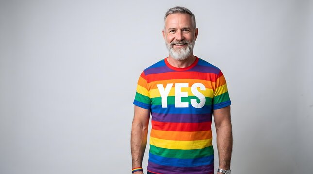 Smiling Mature Man Wearing a Colorful Rainbow Pride Shirt on a Neutral Background