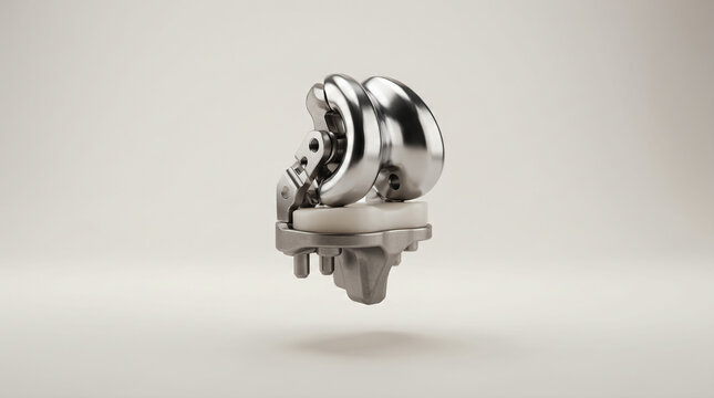 Artificial knee replacement joint showing realistic metallic titanium surface textures with smooth white plastic inserts isolated on a clean soft studio lit background for advanced modern orthopedic s