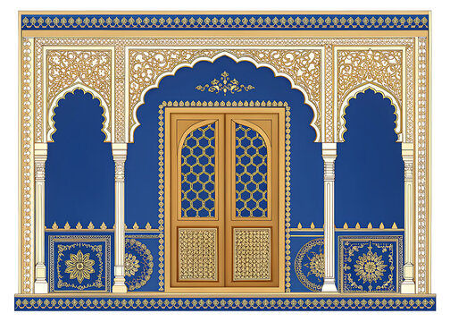 Detailed vector illustration of a Rajasthani palace Jharokha window, ornate gold filigree, royal blue background