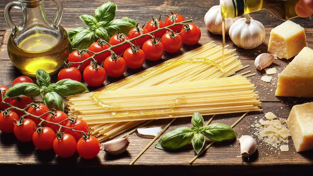 Chef pouring olive oil over raw spaghetti pasta and fresh Italian ingredients on a wooden table.