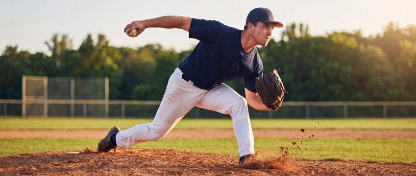 Baseball pitcher throwing ball from mound during sunset on an outdoor field, kicking up red dirt in dynamic motion for athletic training, team competition, and sports editorial media