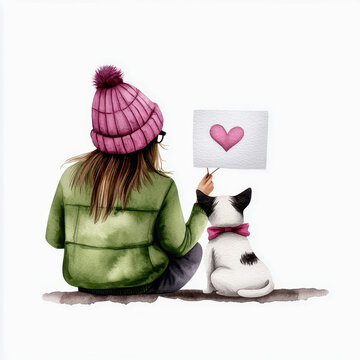 Girl dog heart winter hat love woman pet sitting pink green jacket bow animal friendship cozy casual outdoor cute companionship warm happiness