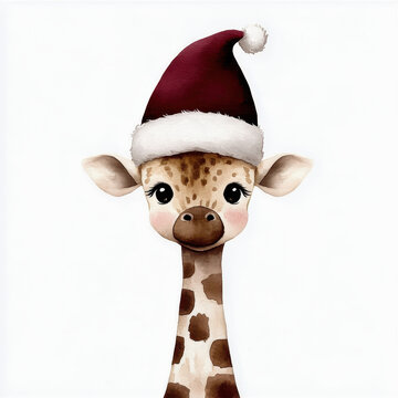 Cute giraffe with big eyes wearing red Santa hat, hand drawn watercolor style, festive and joyful holiday illustration