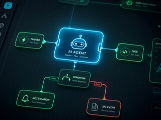 Fototapeta premium AI workflow automation interface with connected agent and branching modules 