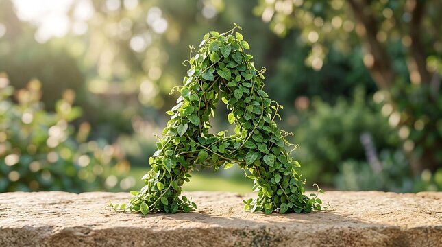  Photo of capital letter A made from fresh green leaves and ivy vines on stone surface in garden