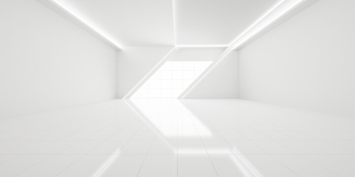 Highres 3d white showroom featuring low camera angle, glossy tile floor, geometric led lighting, centered perspective, clean bright interior, spacious copy space, premium automotive display background
