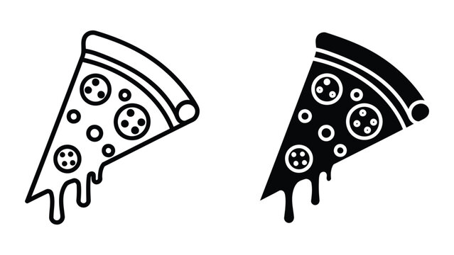Pizza slice vector icon set with dripping cheese in outline and solid black style