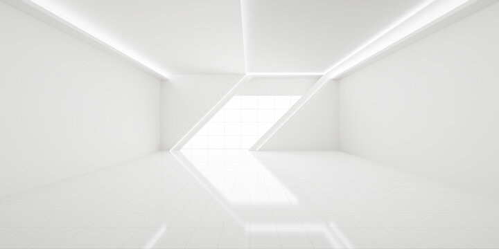 Bright white futuristic studio room 3d rendering with tile floor reflection front view optimal background for clean minimal product display luxury car auto showcase high resolution detail.