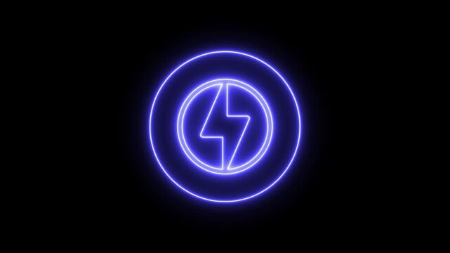 Blue Neon Lightning Bolt Circle Animation on Black Background. Blue neon lightning bolt symbol inside a circle on black background abstract bright 4k video.