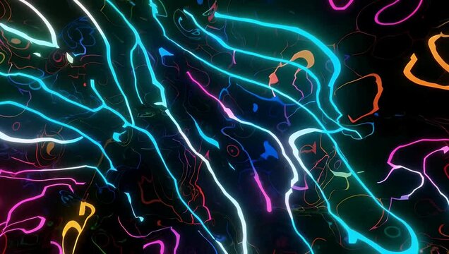 High-fidelity 4K motion graphics loop presenting an anamorphic video effect where a dense stream of abstract fiber-optic lines in a spectrum of neon colors dashes dynamically across the screen