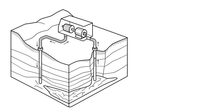 Geothermal energy system diagram line art illustration showing ground source heat pump with underground pipes, soil layers cross section, renewable thermal heating and cooling technology concept