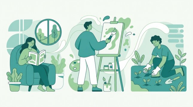 People engage in different activities that promote mental wellness, including reading, painting, and gardening in a bright space.