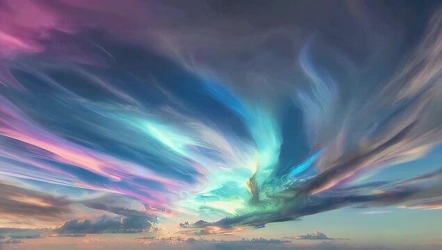 Ethereal and mesmerizing 4K cinematic scene where a radiant iridescent atmospheric glow spreads across the twilight air forming a magical violet light veil over an expansive evening landscape