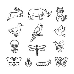 Fototapeta premium Minimalist animal line art icons, set of 13 modern wildlife and insect illustrations. Simple black outline animal graphics including rabbit, rhino, and birds. Clean nature vector icon collection.