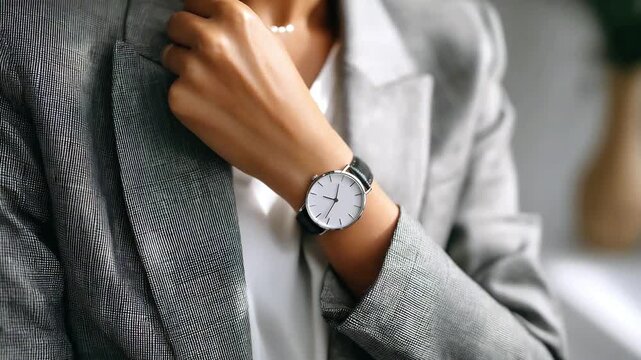 A stylish wristwatch with a white dial on the hand of a confident woman in a gray jacket. The concept of business, time management, punctuality and corporate culture