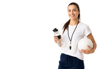 Naklejka premium Female volleyball coach holding ball and water bottle. Sports training, team management, athletic activity.