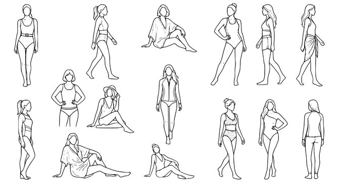 Women Swimwear and Summer Beach Fashion Line Art Character Set featuring Models Posing in Bikinis and Monokinis for Lifestyle Graphic Designs