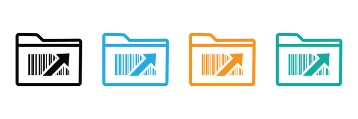 Obraz premium Folder with Barcode and Upward Arrow Icon Vector Set: Line Art File Folder, Growth Bar Chart, Data Management, Inventory Tracking, Logistics Symbol, Office Document Storage Graphic Design