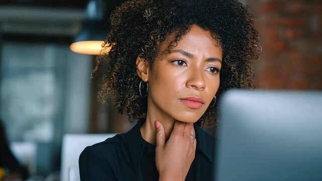 A thoughtful woman sits at her desk in the office and looks thoughtfully at the computer screen, touching her chin with her hand. The concept of analysis, decision making and business focus