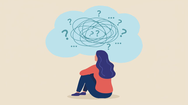 Confused woman with tangled thoughts and question marks in thought bubble