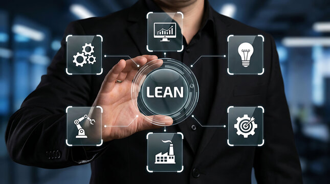Businessman Holding Lean Manufacturing Virtual Process Interface