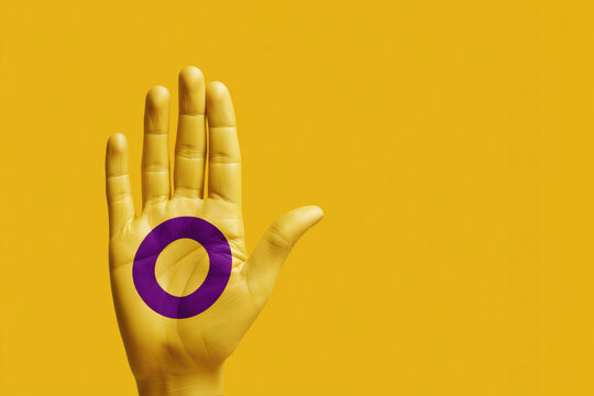 Raised yellow hand with purple intersex pride circle symbol painted on palm, concept for intersex awareness.