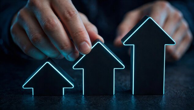 Hand place glowing upward arrow icon, showing business efficiency, productivity, and growth.