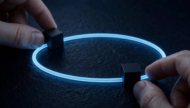 Hands forming a glowing blue ring symbolize ai training, data connection, and continuous learning in a dark digital scene.